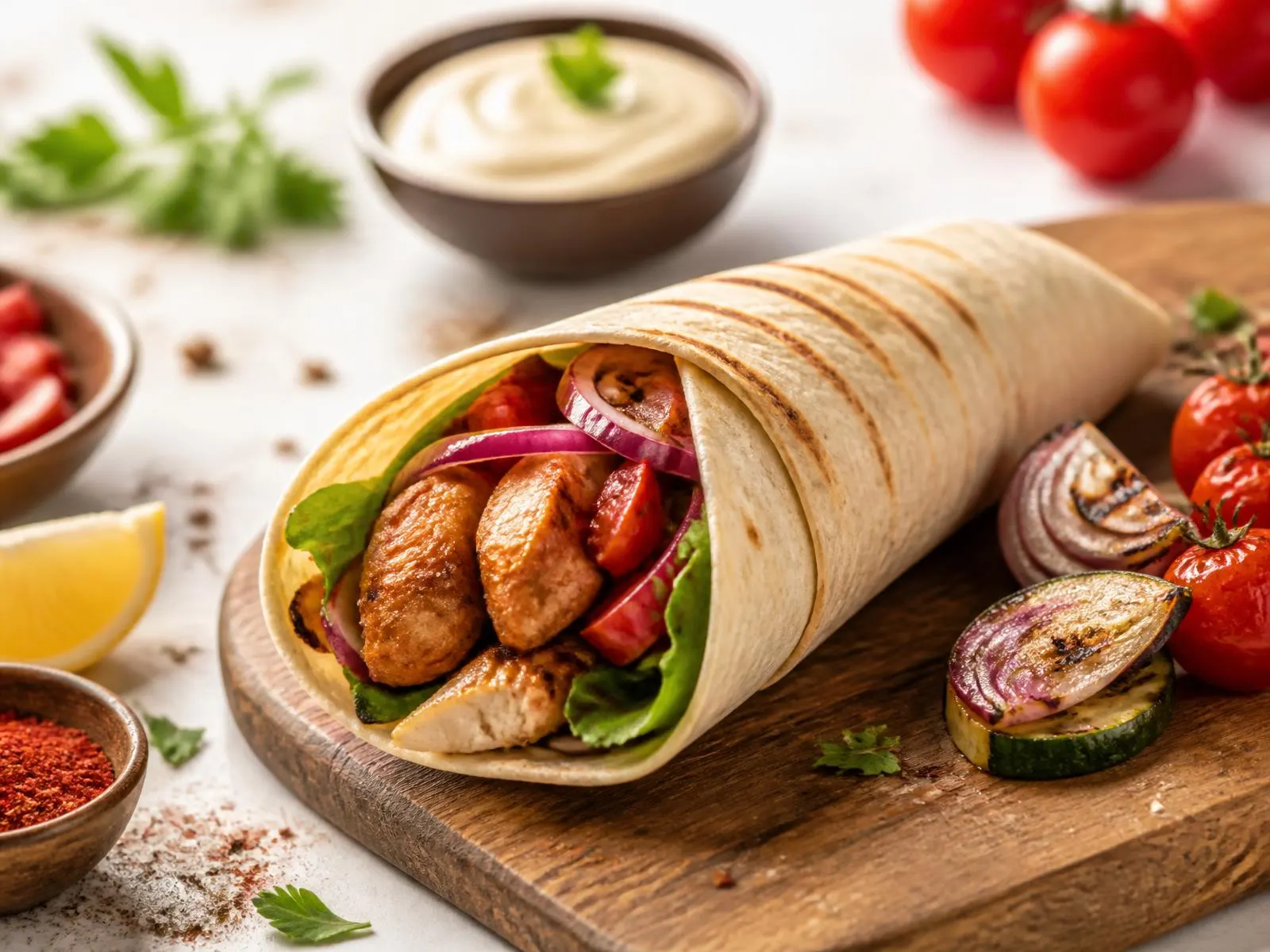 Freshly made chicken shawarma with grilled vegetables